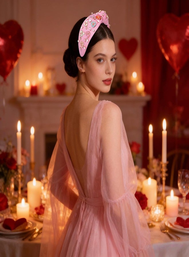 MOLOCH Pink Heart Headband for Women Rhinestone Conversation Love Heart Headbands Crystal Knotted Bejeweled Wide Velvet Fashion Hairband Valentines Day Country Concert Hair Accessories - Image 3
